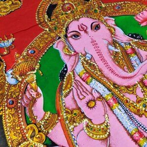 Lord Ganesha Deity Sequin Tapestry Indian God Batik Cotton Wall Hanging 43"x30"